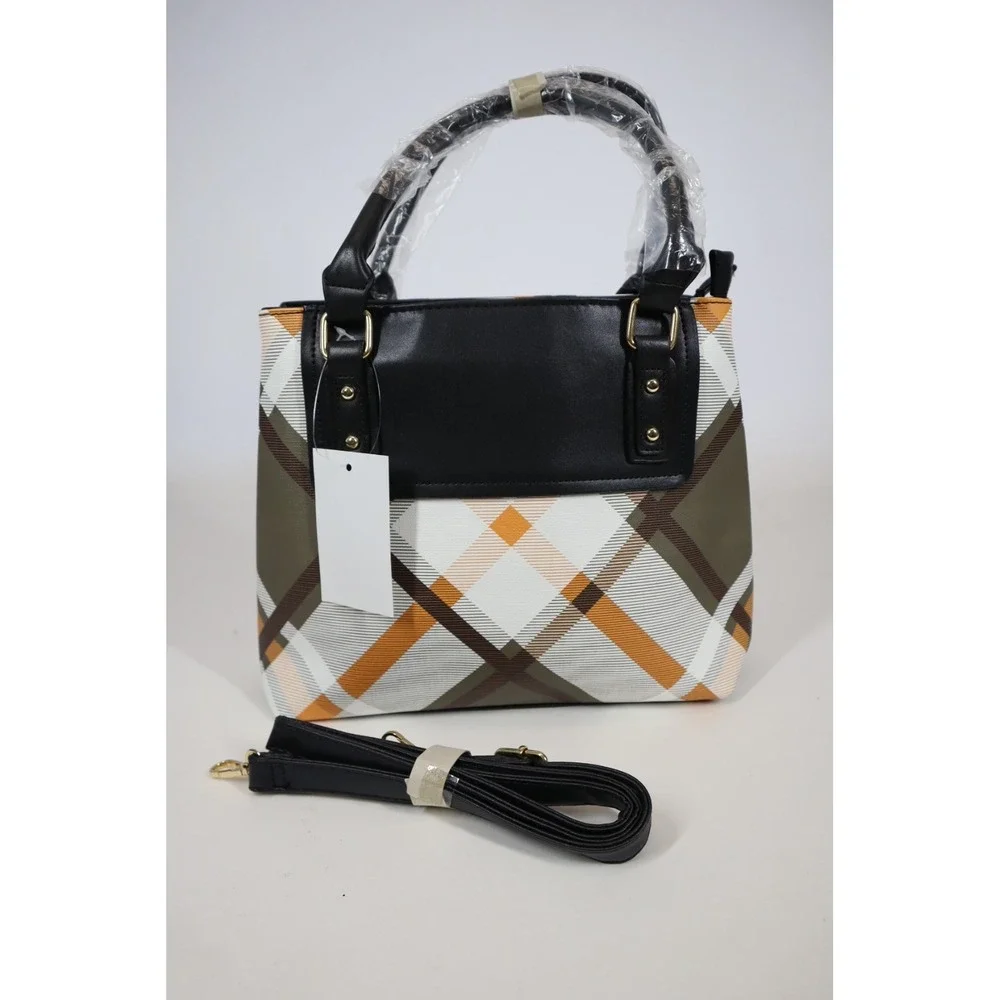 AR New York Green‎ and Yellow Plaid Satchel with Black Straps and Accents